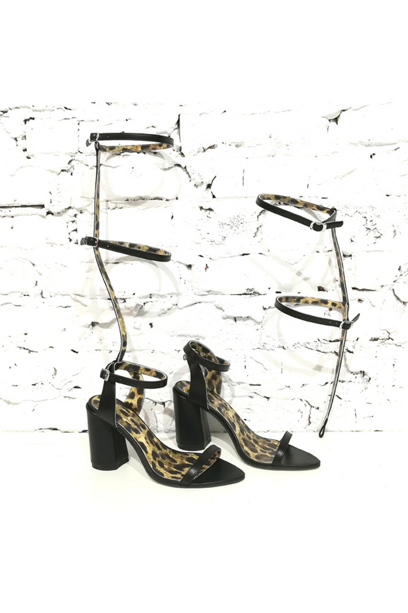 Buy Gladiator Sandals Women Black Leopard Leather Heel Pointed Toe Straps